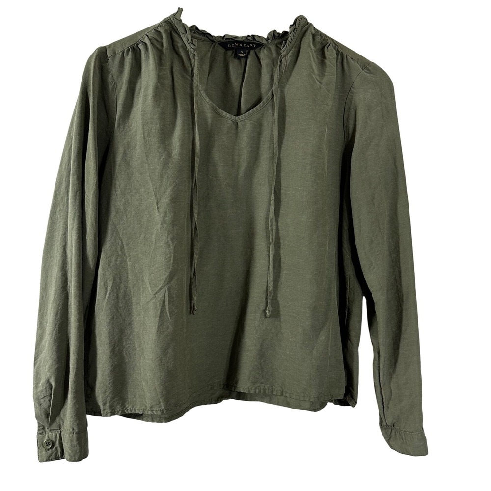 Downeast Women Olive Green‎ Ruffle Tie Neck Blouse Tencel Linen Blend Small S